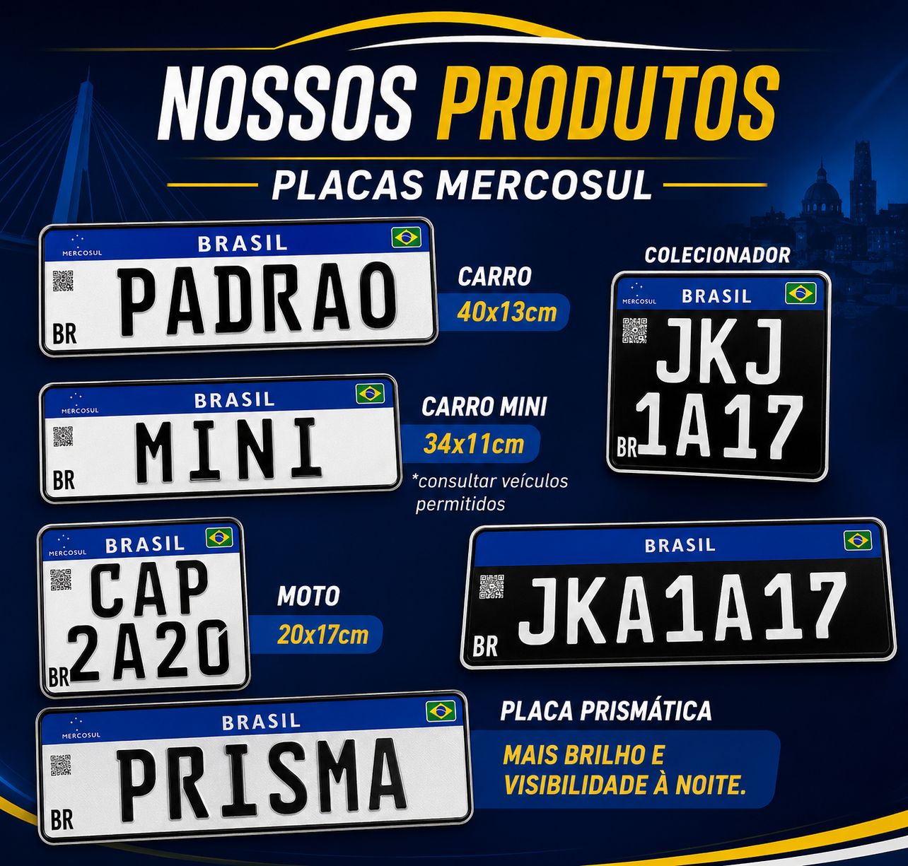 Modelos de placas Mercosul: padrão, mini, moto, colecionador e prismática